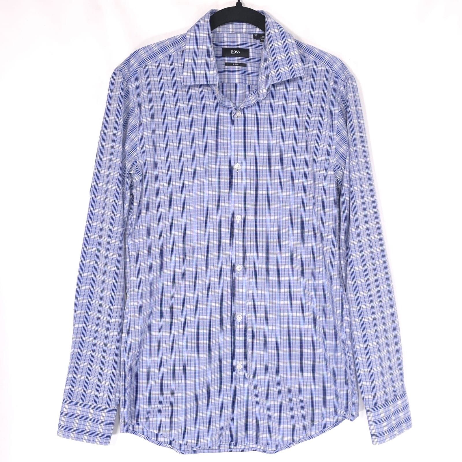 Hugo Boss Men’s Slim Fit Dress Shirt 15 Blue White Check Plaid Button Up